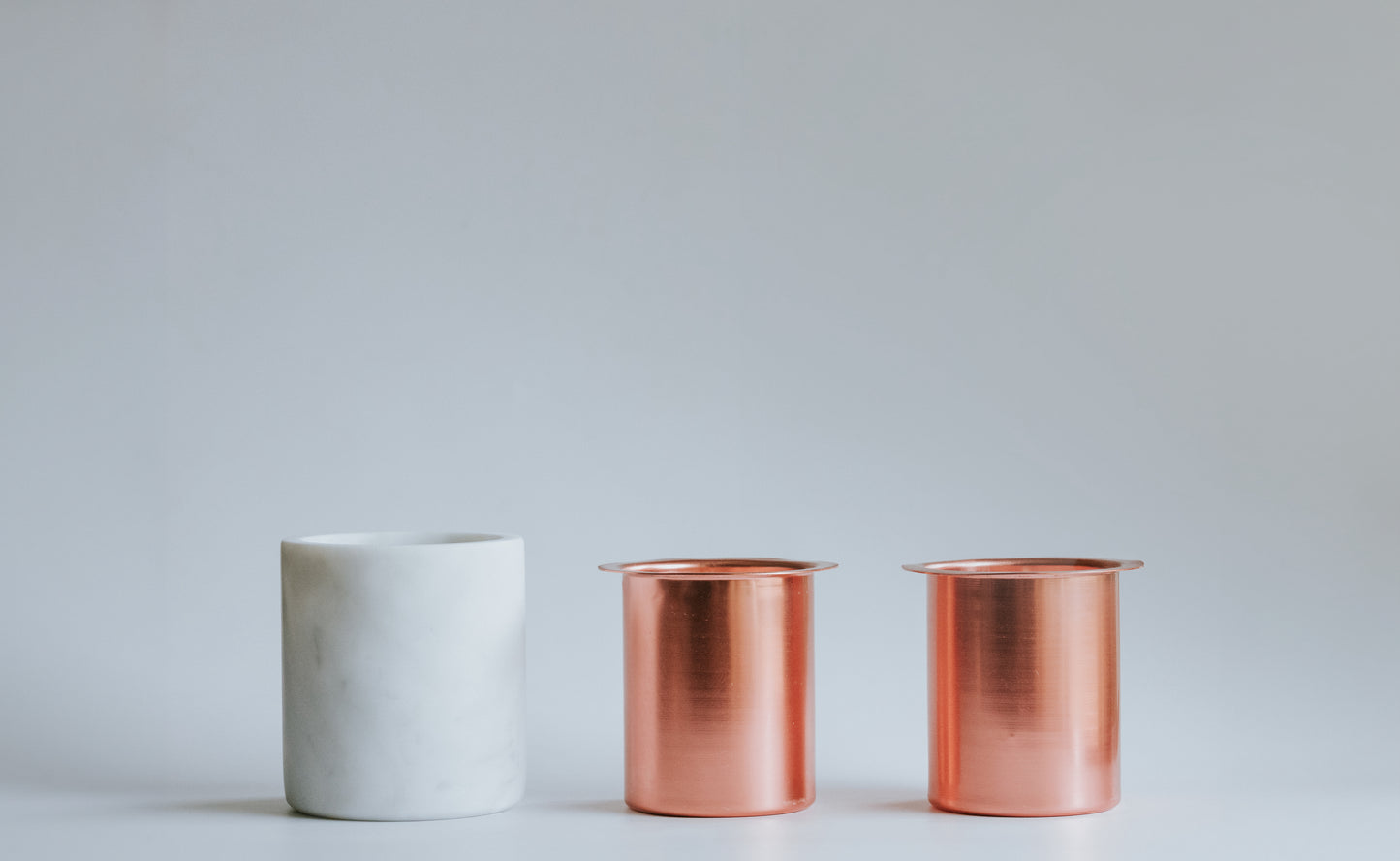 One white Carrara marble vessel and two candle refills - recyclable, reusable, refillable candles